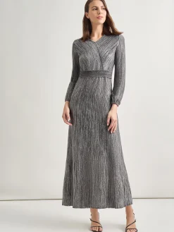 Dresses|Misook Bishop Sleeve Jacquard Knit Maxi Dress Black/Mink/Silver