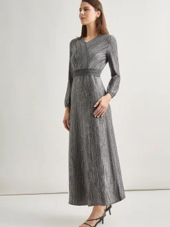 Dresses|Misook Bishop Sleeve Jacquard Knit Maxi Dress Black/Mink/Silver