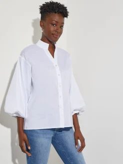 Blouses & Shirts|Tops & Tees|Misook Bishop Sleeve Stretch Cotton Blouse White