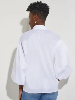 Blouses & Shirts|Tops & Tees|Misook Bishop Sleeve Stretch Cotton Blouse White