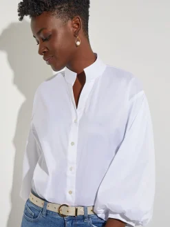 Blouses & Shirts|Tops & Tees|Misook Bishop Sleeve Stretch Cotton Blouse White