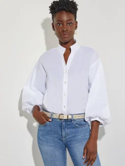 Blouses & Shirts|Tops & Tees|Misook Bishop Sleeve Stretch Cotton Blouse White