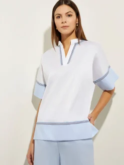 Blouses & Shirts|Tops & Tees|Misook Blouse White Cotton - Split Neck Blouse | CirrusBlue/White/Black