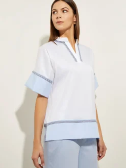 Blouses & Shirts|Tops & Tees|Misook Blouse White Cotton - Split Neck Blouse | CirrusBlue/White/Black
