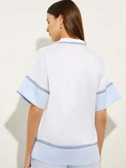 Blouses & Shirts|Tops & Tees|Misook Blouse White Cotton - Split Neck Blouse | CirrusBlue/White/Black