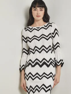 Tops & Tees|Misook Boat Neck Tunic - Contrast Chevron Pointelle Soft Knit NewIvory/Black