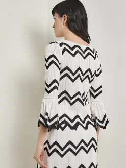 Tops & Tees|Misook Boat Neck Tunic - Contrast Chevron Pointelle Soft Knit NewIvory/Black