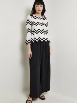 Tops & Tees|Misook Boat Neck Tunic - Contrast Chevron Pointelle Soft Knit NewIvory/Black
