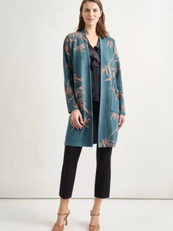 Jackets & Coats|Misook Botanical Print Open Front Long Jacquard Knit Jacket MarineTeal/Goldenwood