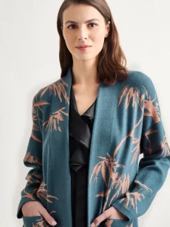 Jackets & Coats|Misook Botanical Print Open Front Long Jacquard Knit Jacket MarineTeal/Goldenwood
