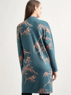 Jackets & Coats|Misook Botanical Print Open Front Long Jacquard Knit Jacket MarineTeal/Goldenwood