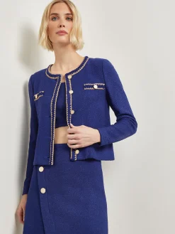 Jackets & Coats|Misook Braided Trim Boucle Knit Jacket StarryNightBlue