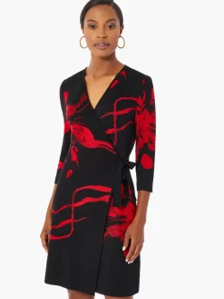 Dresses|Misook Brushstroke Pattern Knit Faux Wrap Dress Black/Rouge