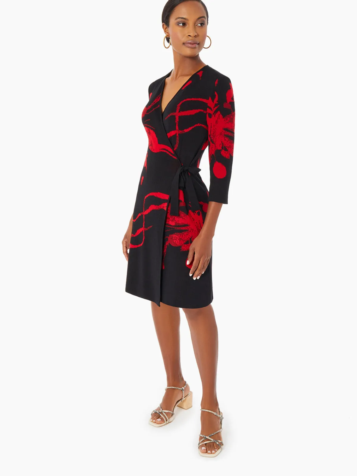 Dresses|Misook Brushstroke Pattern Knit Faux Wrap Dress Black/Rouge
