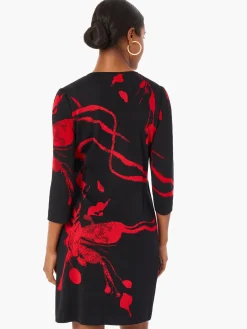 Dresses|Misook Brushstroke Pattern Knit Faux Wrap Dress Black/Rouge