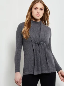 Jackets & Coats|Misook Buckle Detail Shawl Collar Cashmere Cardigan Charcoal