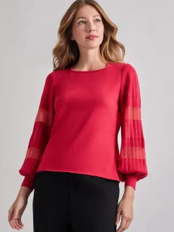 Tops & Tees|Misook Burnout Accent Bishop Sleeve Soft Knit Tunic SunsetRed