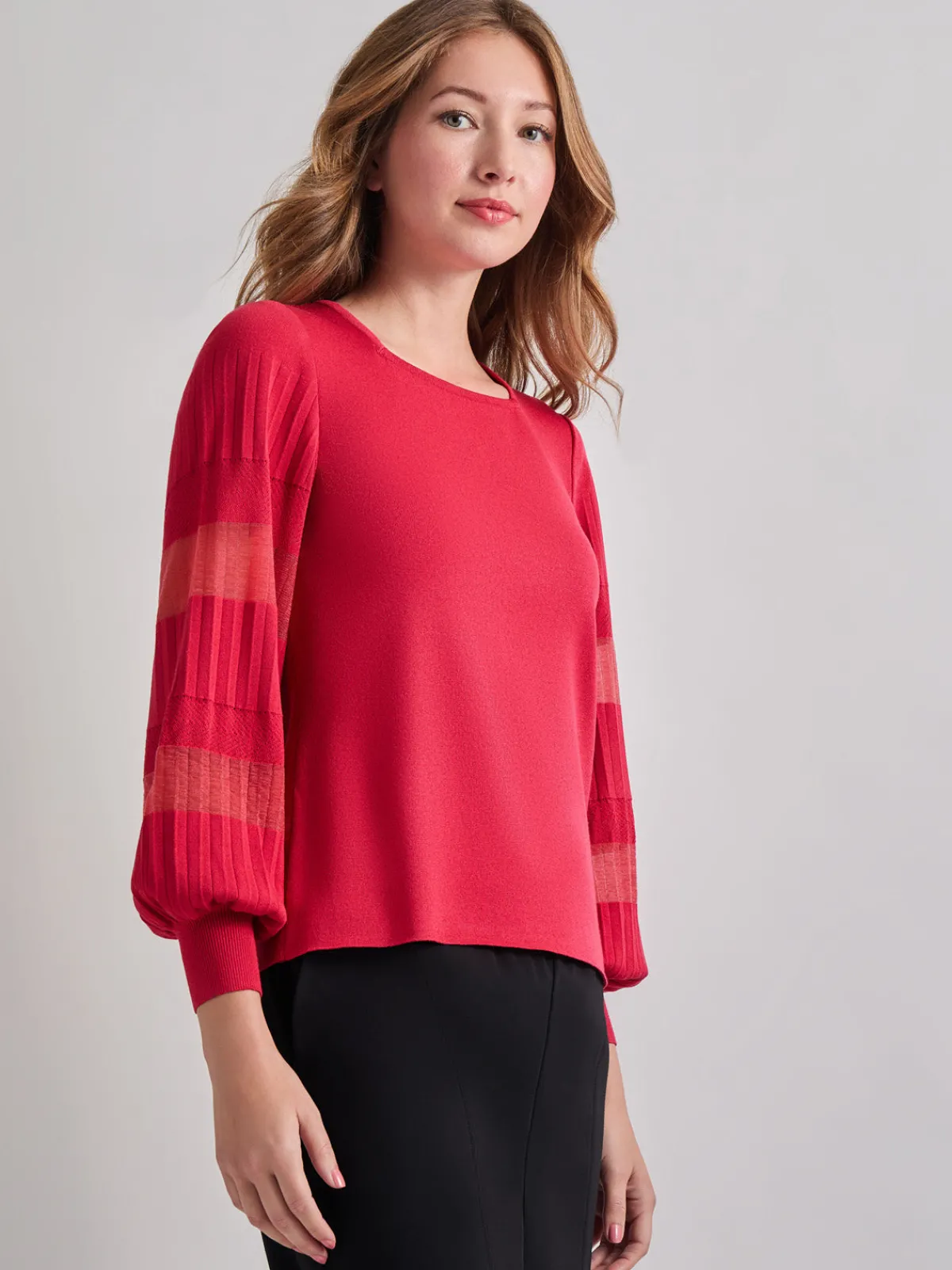Tops & Tees|Misook Burnout Accent Bishop Sleeve Soft Knit Tunic SunsetRed