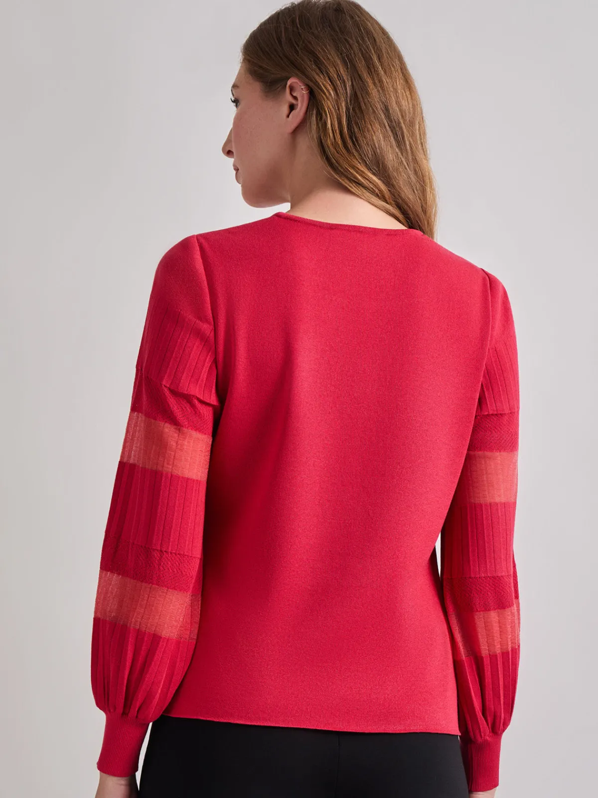 Tops & Tees|Misook Burnout Accent Bishop Sleeve Soft Knit Tunic SunsetRed
