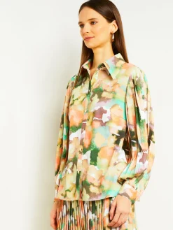 Blouses & Shirts|Tops & Tees|Misook Button Front Blouse - Balloon Sleeve Watercolor Woven VerdantClover/ParadiseGreen/PaleGold/Charmeuse/PeachBlossom/White
