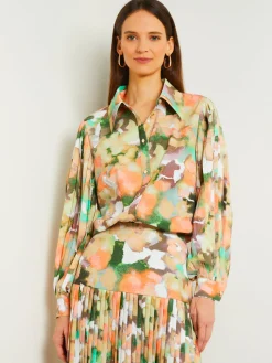 Blouses & Shirts|Tops & Tees|Misook Button Front Blouse - Balloon Sleeve Watercolor Woven VerdantClover/ParadiseGreen/PaleGold/Charmeuse/PeachBlossom/White
