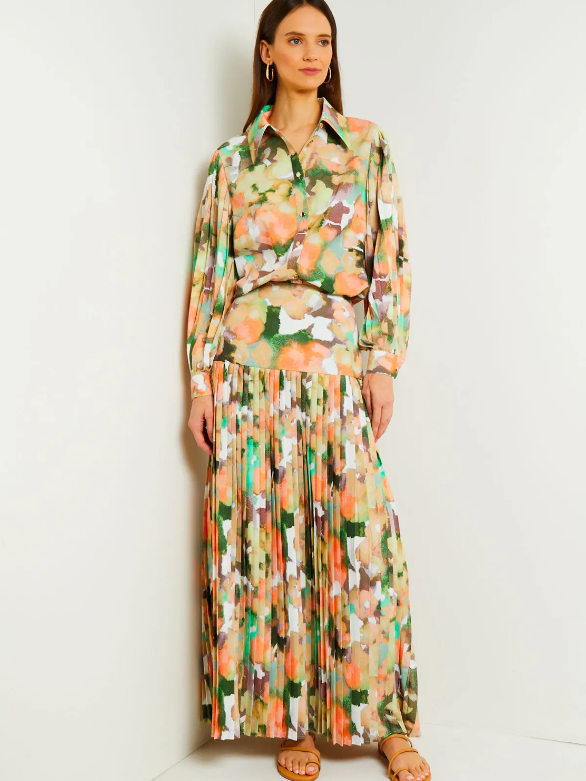 Blouses & Shirts|Tops & Tees|Misook Button Front Blouse - Balloon Sleeve Watercolor Woven VerdantClover/ParadiseGreen/PaleGold/Charmeuse/PeachBlossom/White