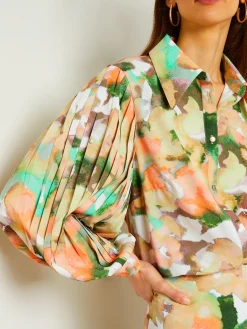 Blouses & Shirts|Tops & Tees|Misook Button Front Blouse - Balloon Sleeve Watercolor Woven VerdantClover/ParadiseGreen/PaleGold/Charmeuse/PeachBlossom/White