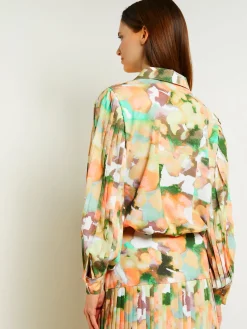 Blouses & Shirts|Tops & Tees|Misook Button Front Blouse - Balloon Sleeve Watercolor Woven VerdantClover/ParadiseGreen/PaleGold/Charmeuse/PeachBlossom/White