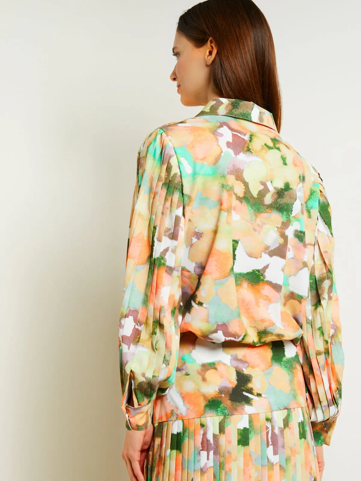 Blouses & Shirts|Tops & Tees|Misook Button Front Blouse - Balloon Sleeve Watercolor Woven VerdantClover/ParadiseGreen/PaleGold/Charmeuse/PeachBlossom/White