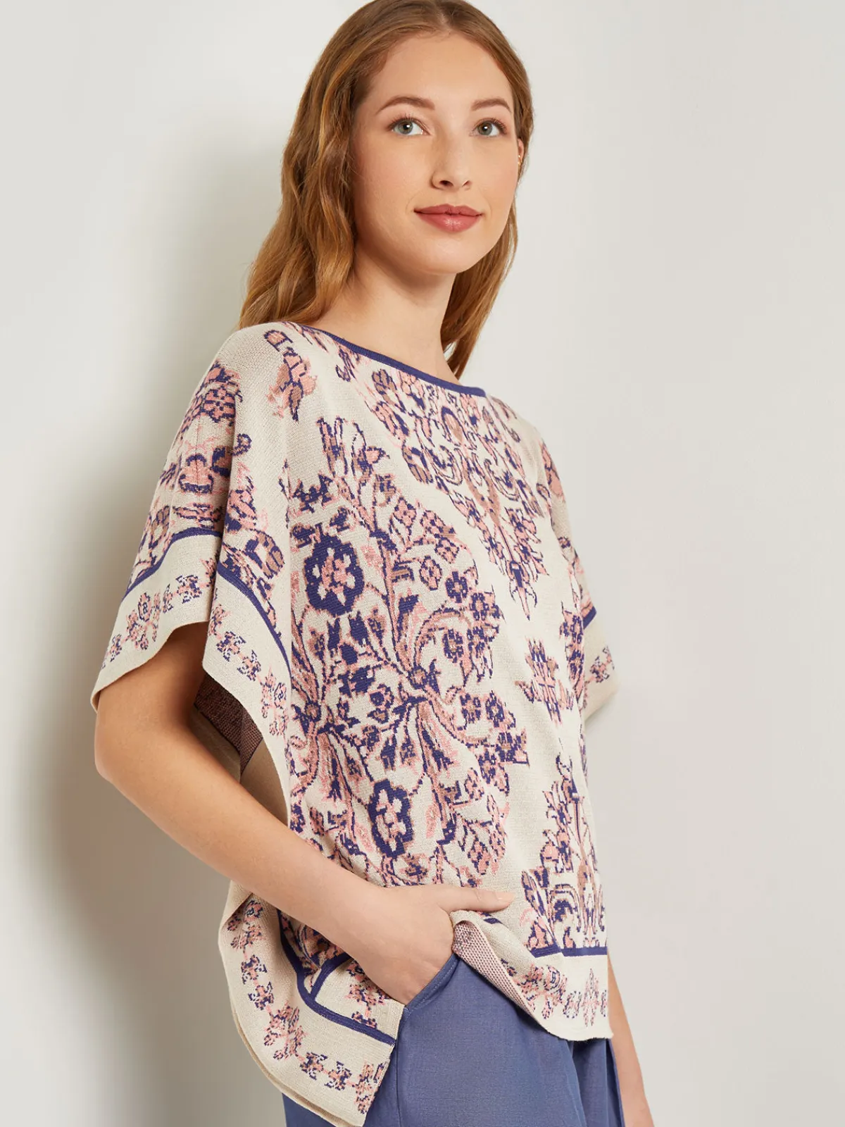 Tops & Tees|Misook Cape Sleeve Tunic - Soft Jacquard Knit Biscotti/PorcelainPink/OceanCoral/Mazarine/Charmeuse