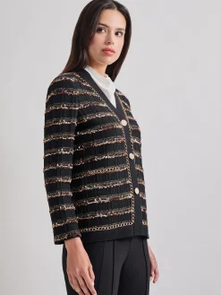 Jackets & Coats|Misook Chain Trim Lurex Knit Jacket Black/Parchment/Sangria