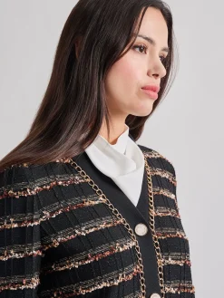 Jackets & Coats|Misook Chain Trim Lurex Knit Jacket Black/Parchment/Sangria