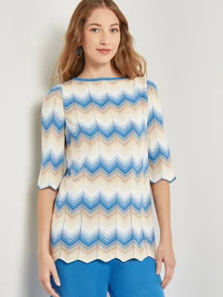 Tops & Tees|Misook Chevron Hem Tunic - Intarsia Soft Knit AdriaticBlue/Parchment/Sand/NewIvory