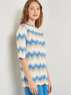 Tops & Tees|Misook Chevron Hem Tunic - Intarsia Soft Knit AdriaticBlue/Parchment/Sand/NewIvory