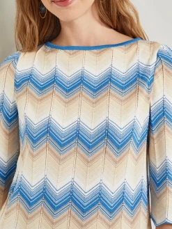 Tops & Tees|Misook Chevron Hem Tunic - Intarsia Soft Knit AdriaticBlue/Parchment/Sand/NewIvory