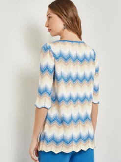 Tops & Tees|Misook Chevron Hem Tunic - Intarsia Soft Knit AdriaticBlue/Parchment/Sand/NewIvory