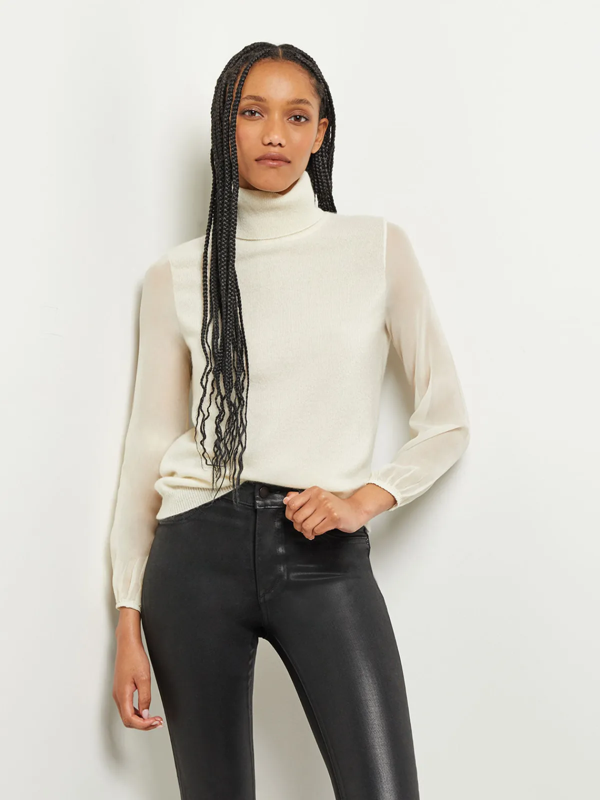 Tops & Tees|Misook Chiffon Sleeve Cashmere Turtleneck Ivory