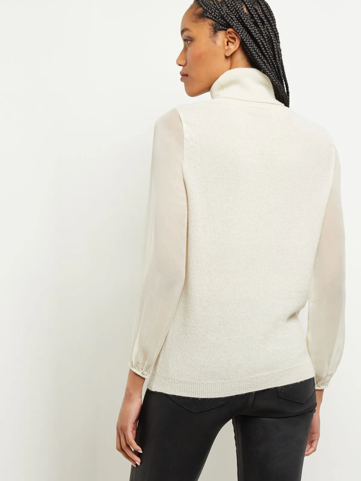 Tops & Tees|Misook Chiffon Sleeve Cashmere Turtleneck Ivory