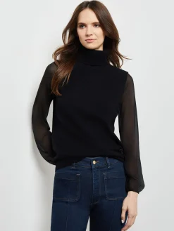 Tops & Tees|Misook Chiffon Sleeve Cashmere Turtleneck Black