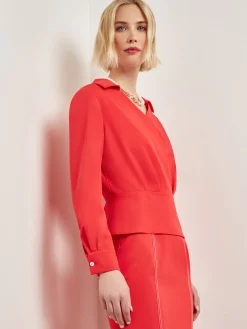 Blouses & Shirts|Tops & Tees|Misook Collared Surplice Neck Blouse - Peplum Woven RadiantPink
