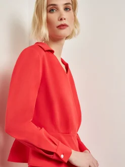 Blouses & Shirts|Tops & Tees|Misook Collared Surplice Neck Blouse - Peplum Woven RadiantPink