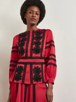 Blouses & Shirts|Tops & Tees|Misook Crepe de Chine Floral Lace Peplum Blouse Rouge/Black