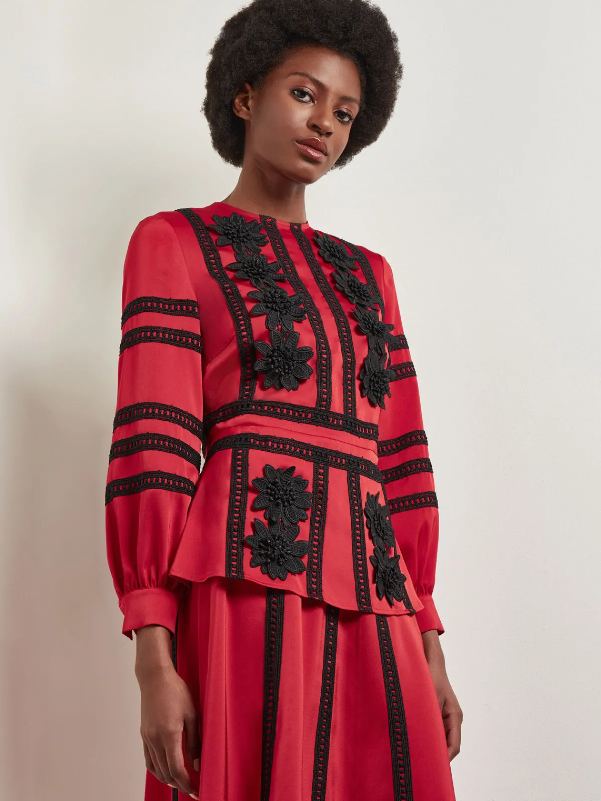 Blouses & Shirts|Tops & Tees|Misook Crepe de Chine Floral Lace Peplum Blouse Rouge/Black