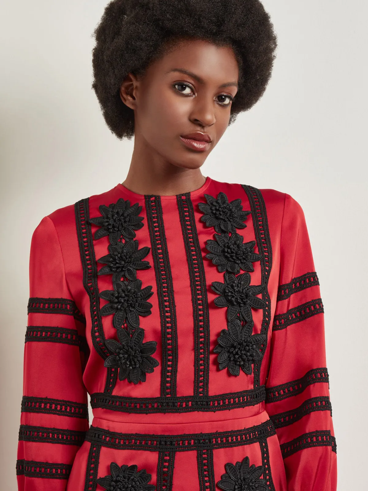 Blouses & Shirts|Tops & Tees|Misook Crepe de Chine Floral Lace Peplum Blouse Rouge/Black