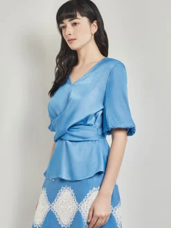 Blouses & Shirts|Tops & Tees|Misook Crossover Peplum Blouse - Puff Sleeve Woven AdriaticBlue