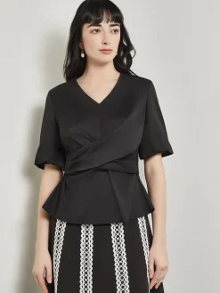 Blouses & Shirts|Tops & Tees|Misook Crossover Peplum Blouse - Puff Sleeve Woven Black