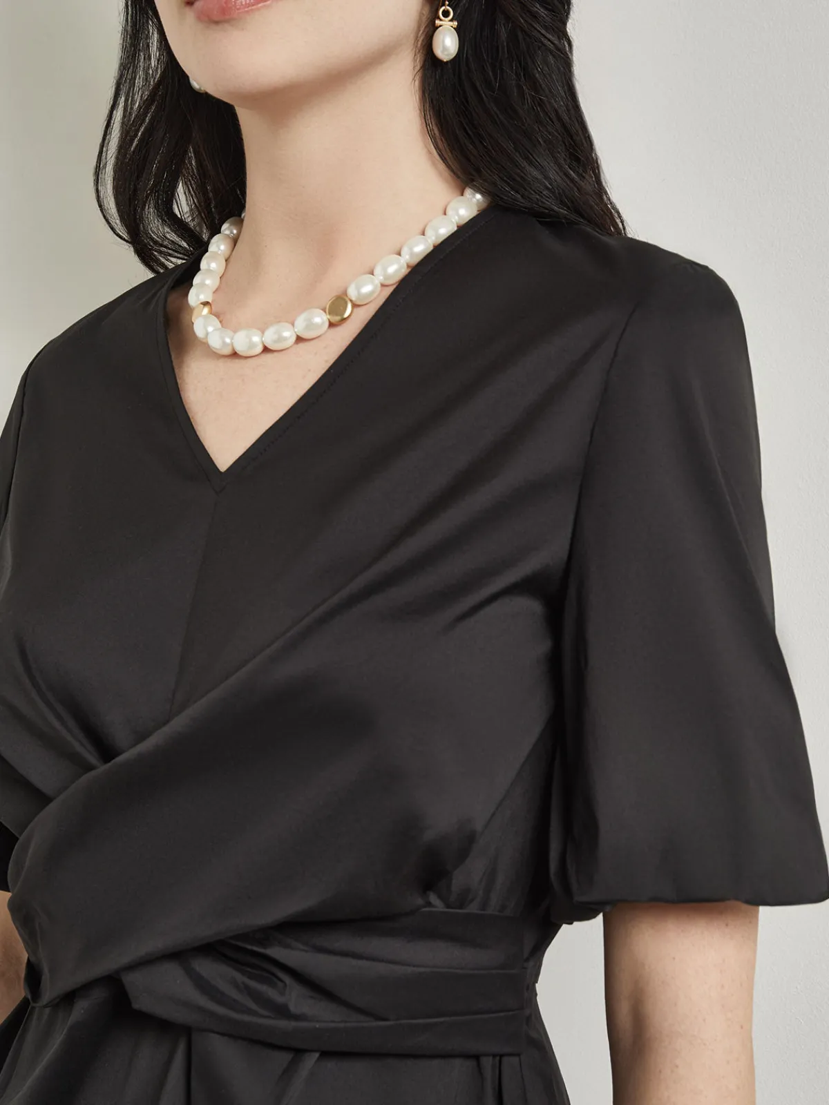Blouses & Shirts|Tops & Tees|Misook Crossover Peplum Blouse - Puff Sleeve Woven Black