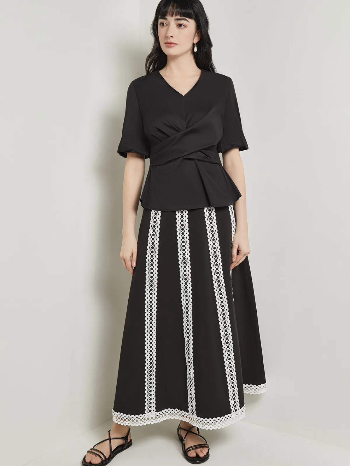 Blouses & Shirts|Tops & Tees|Misook Crossover Peplum Blouse - Puff Sleeve Woven Black