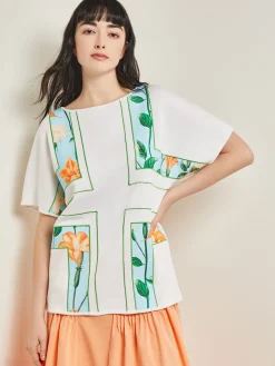 Tops & Tees|Misook Dolman Sleeve Boat Neck Tunic - Cotton Floral Panel Soft Knit White/CaribbeanMist/PeachBlossom/VerdantClover/PaleGold