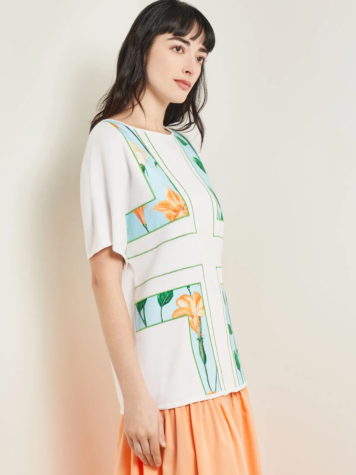 Tops & Tees|Misook Dolman Sleeve Boat Neck Tunic - Cotton Floral Panel Soft Knit White/CaribbeanMist/PeachBlossom/VerdantClover/PaleGold